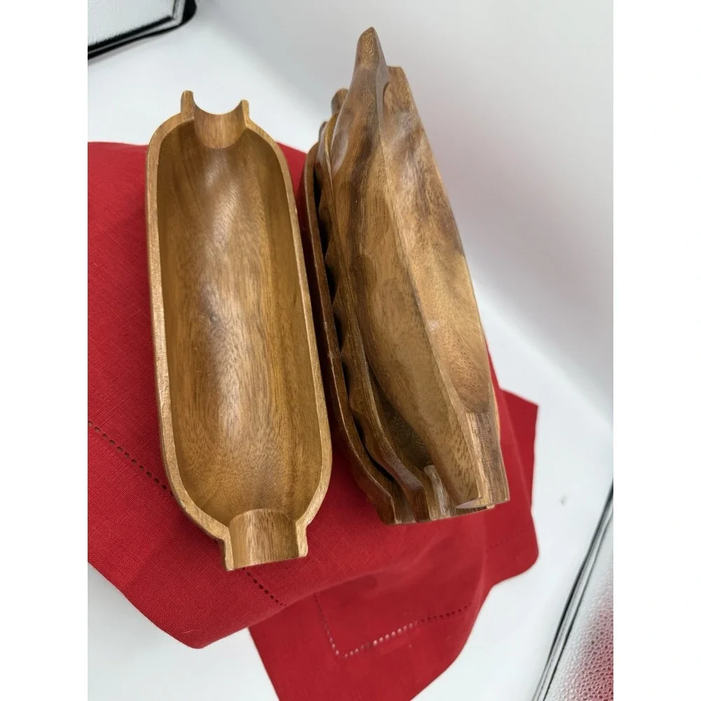 Vtg Monkey Pod Wood Canoe Bowls Set Of 4 Handcarved Mid Century Tiki Tray Boho